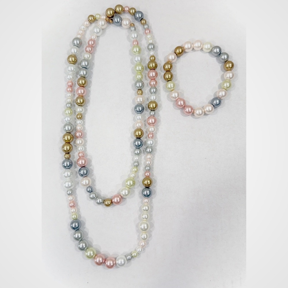 Faux Pearl Jewelry Set Metallic Necklace Bracelet Classic Champagne Gold Pink